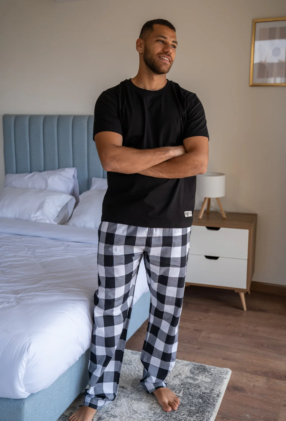 Men Summer Pajama Set Black T-shirt + Black X White Checkered Pants - Image 2