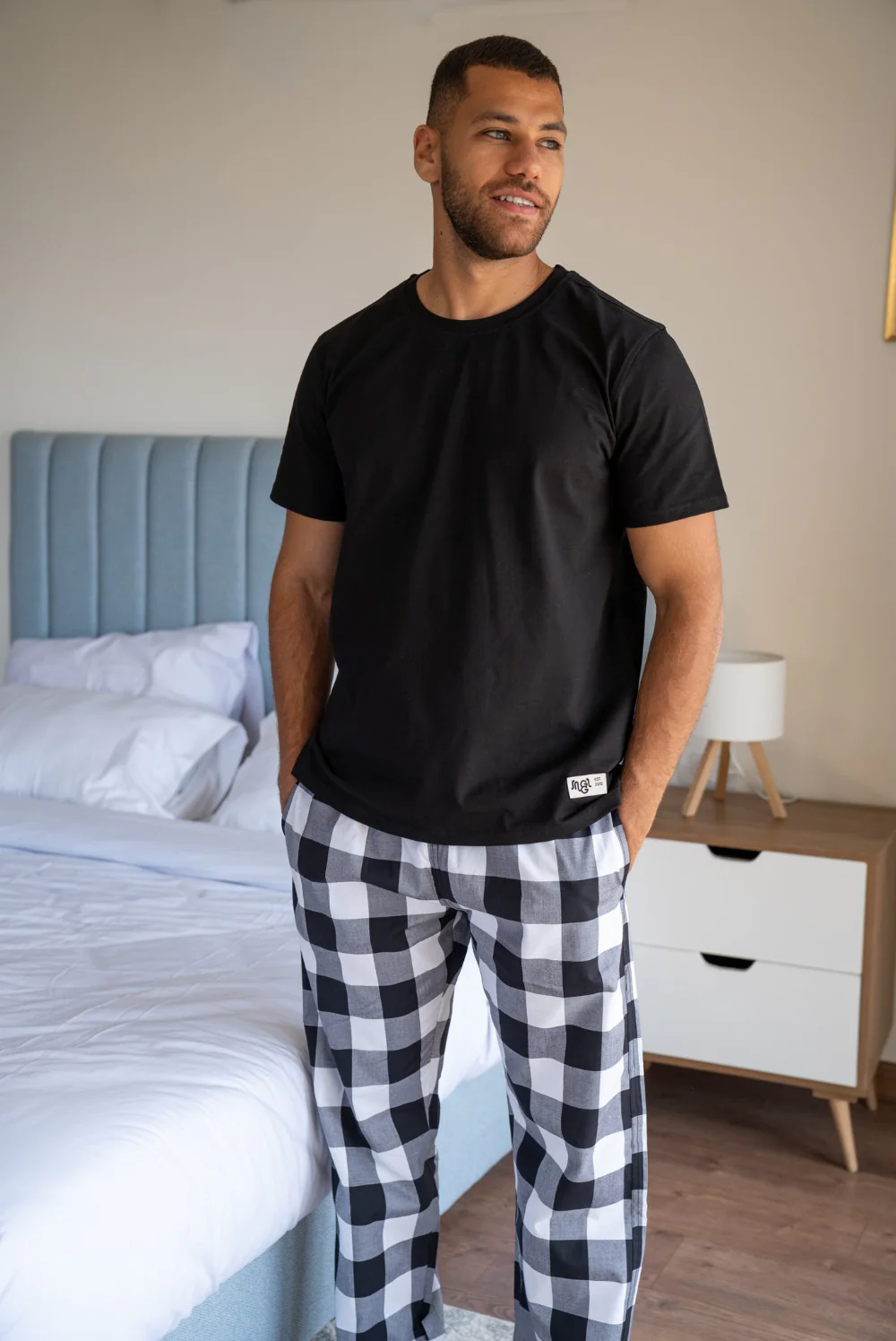 Men Summer Pajama Set Black T-shirt + Black X White Checkered Pants - Image 3
