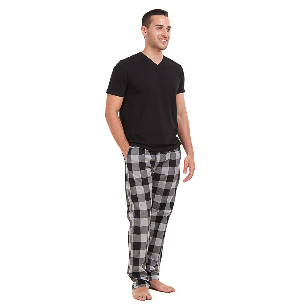 Men summer pajama set Black T-shirt +Black x White Checkered Pants - Image 2
