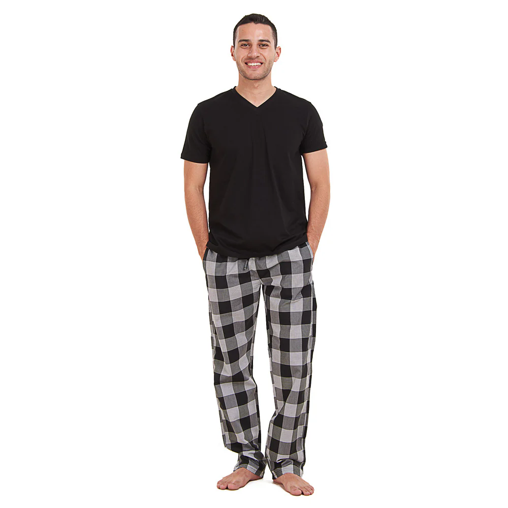 Men summer pajama set Black T-shirt +Black x White Checkered Pants - Image 3
