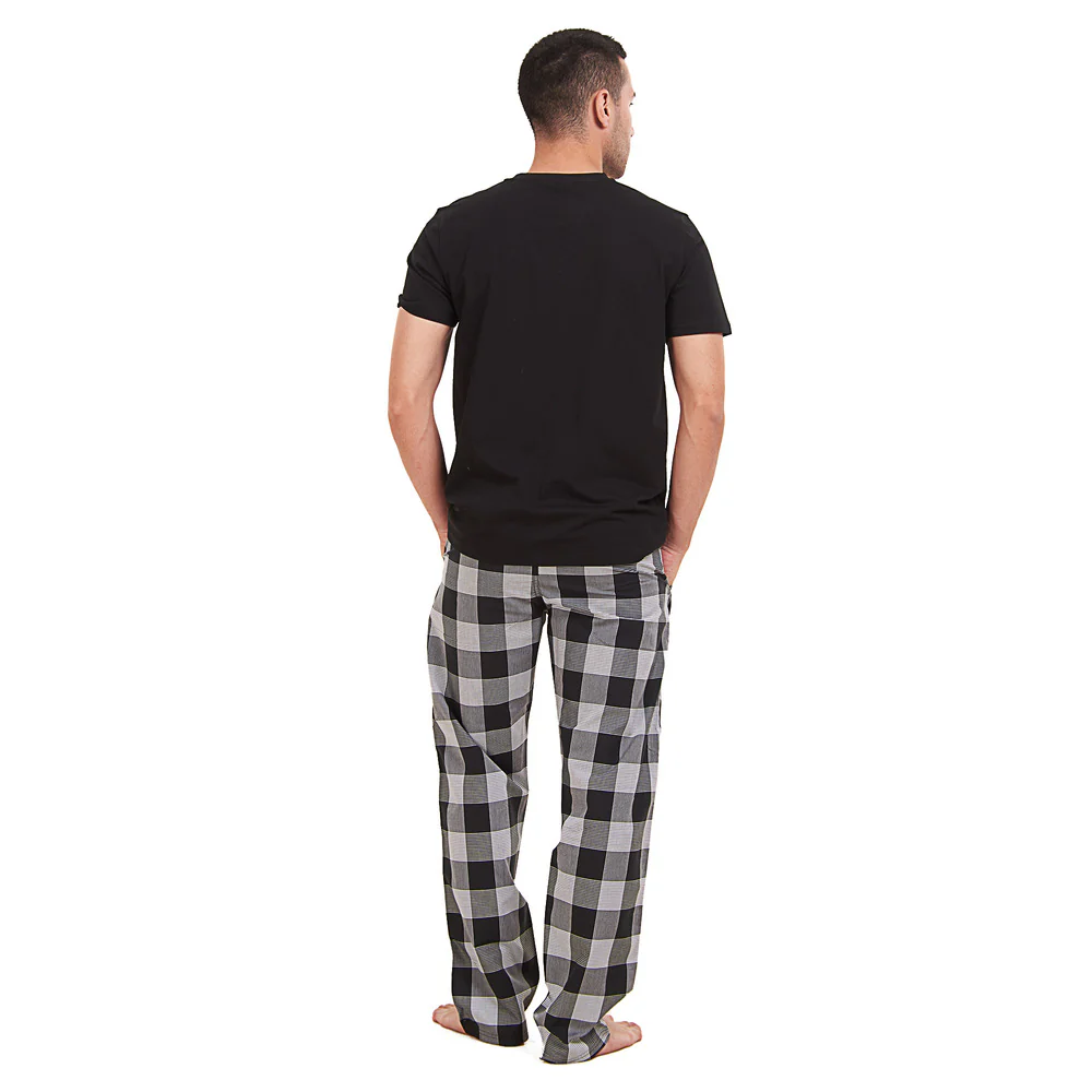 Men summer pajama set Black T-shirt +Black x White Checkered Pants - Image 4