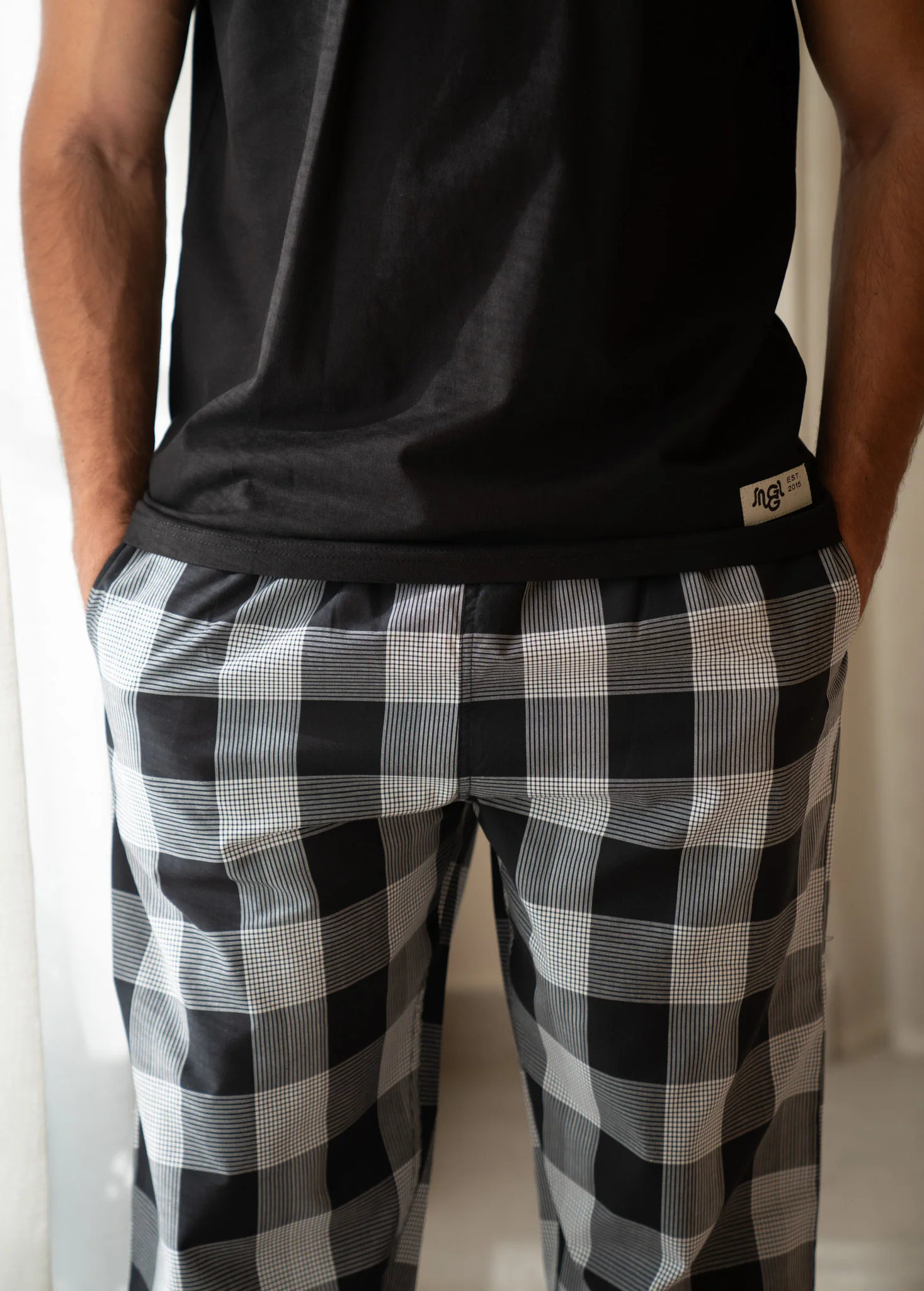 Men summer pajama set Black T-shirt + Black X White Glen Plaid Pants - Image 2