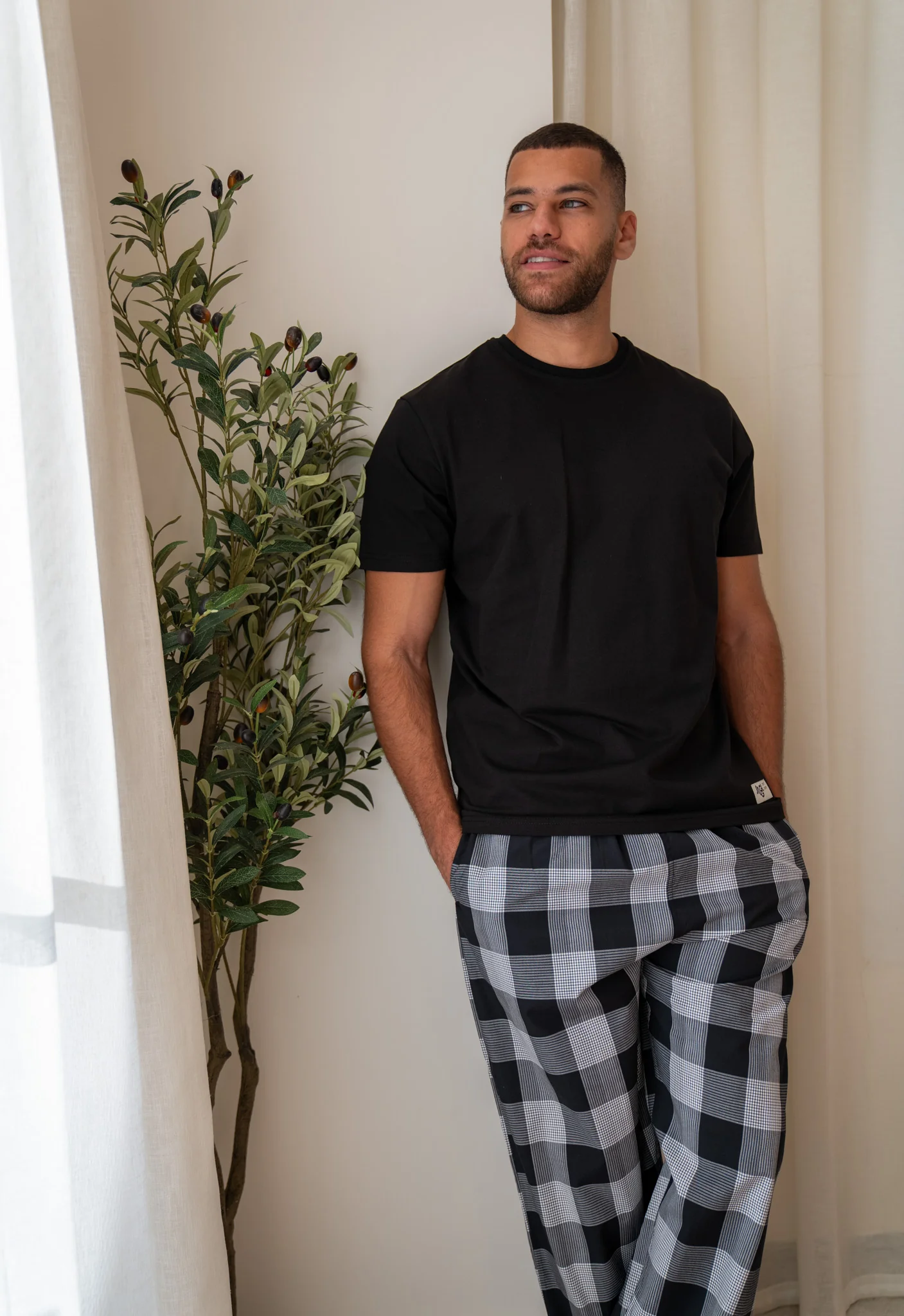 Men summer pajama set Black T-shirt + Black X White Glen Plaid Pants - Image 3