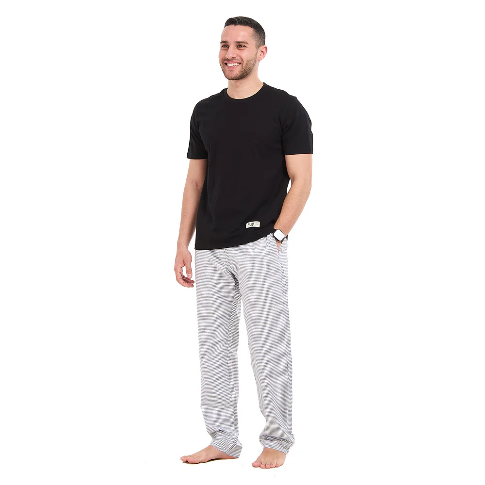 Men summer pajama set Black T-shirt + Black X White graph checkered Pants - Image 2
