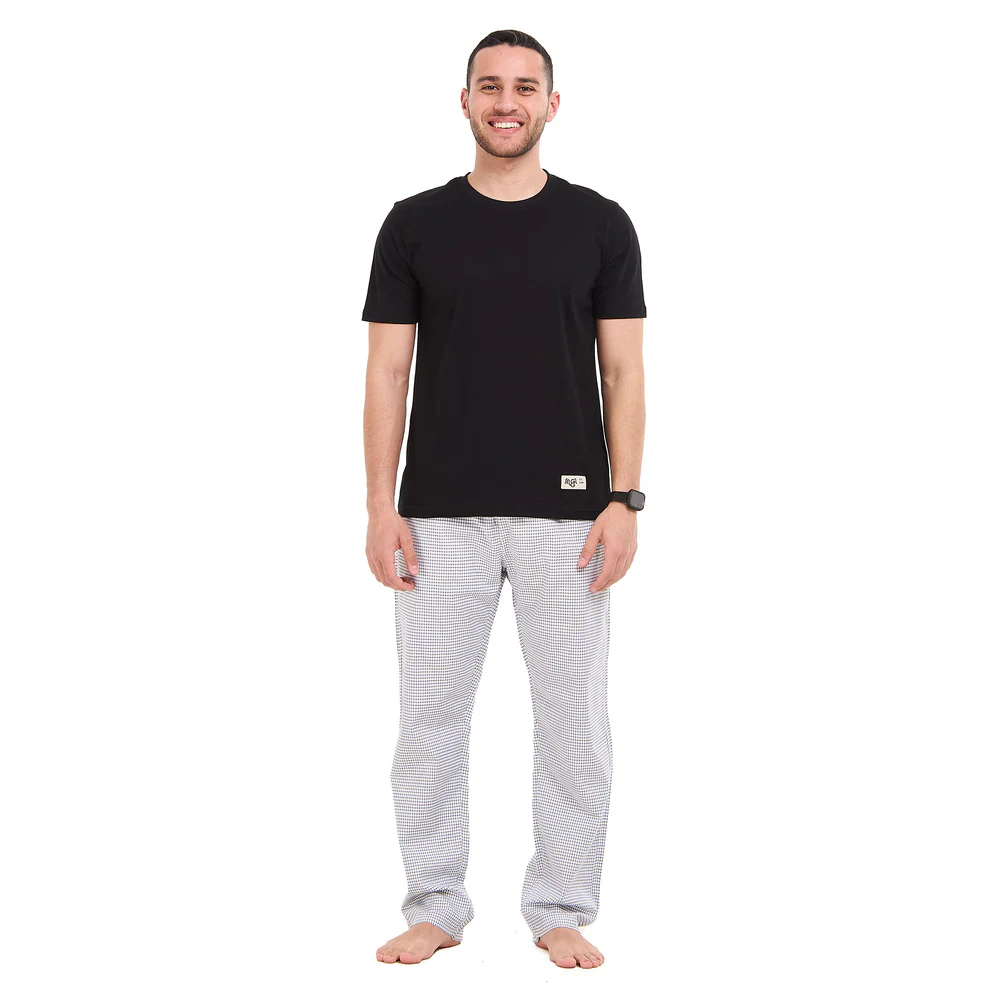 Men summer pajama set Black T-shirt + Black X White graph checkered Pants - Image 4