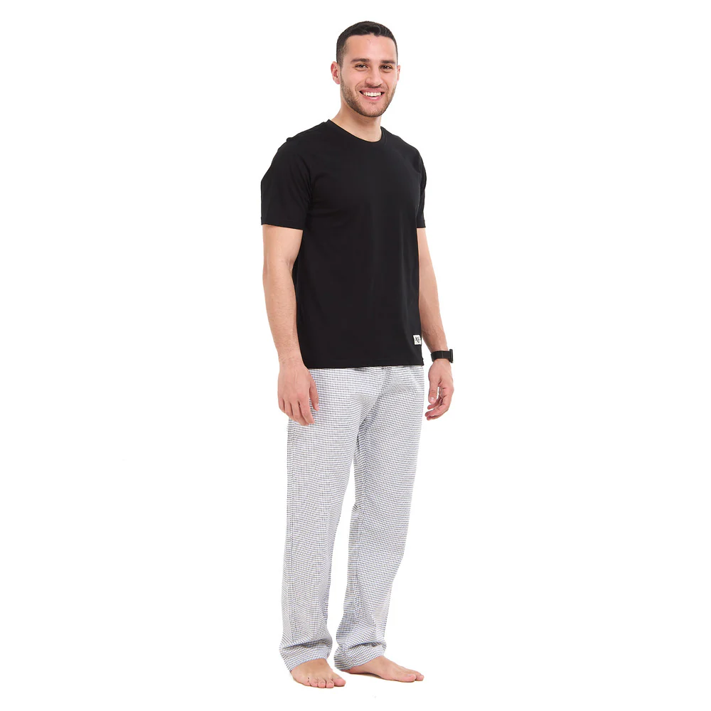 Men summer pajama set Black T-shirt + Black X White graph checkered Pants - Image 5