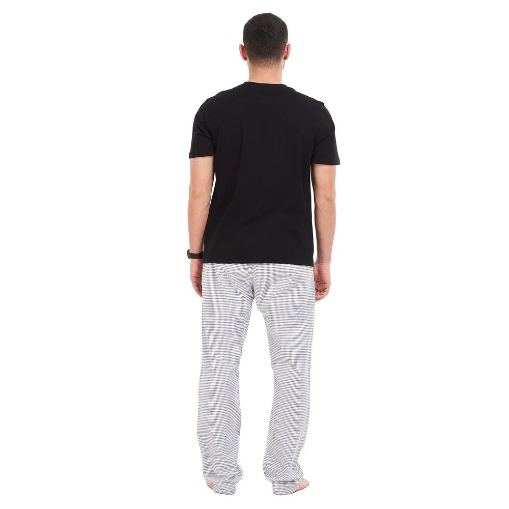 Men summer pajama set Black T-shirt + Black X White graph checkered Pants - Image 6