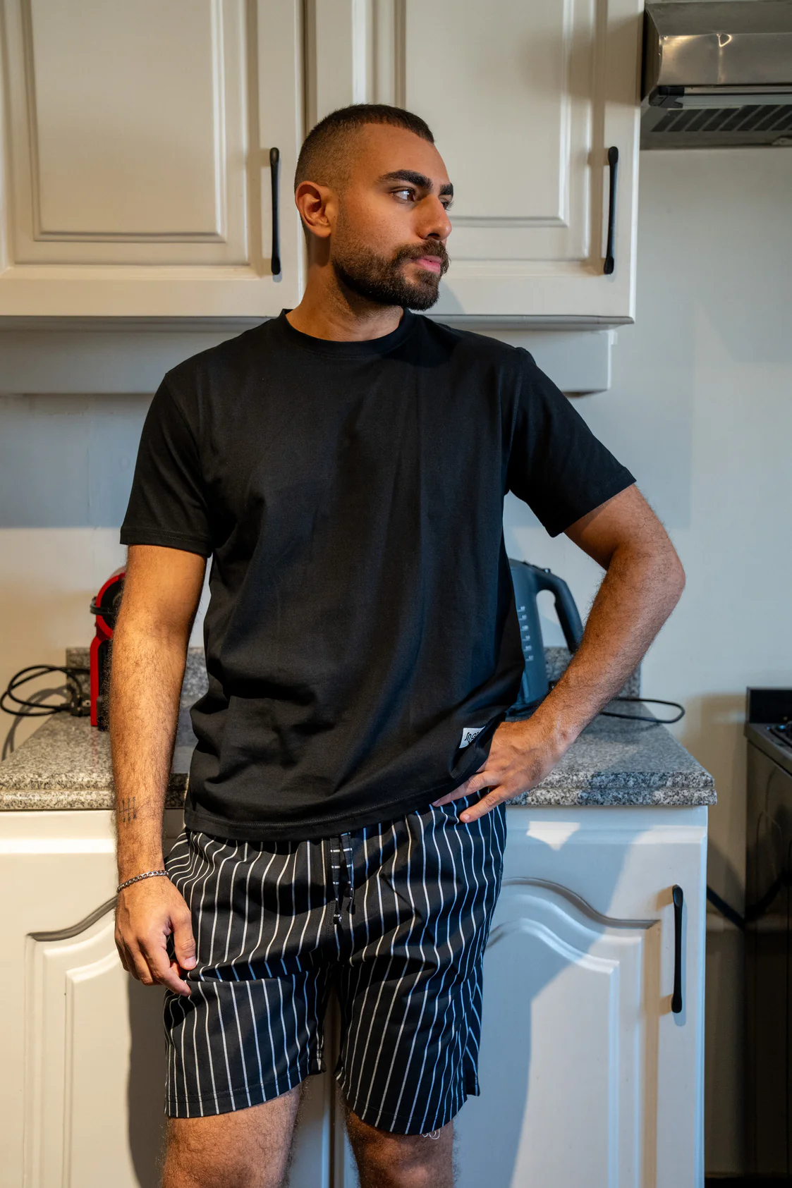 Men summer pajama set Black T-shirt + Black X White Stripes Short - Image 3