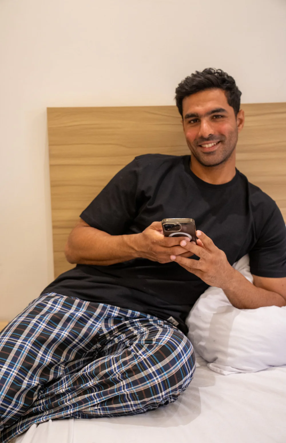 Men summer pajama set Black T-shirt + Black X White X Blue Plaid Pants - Image 2