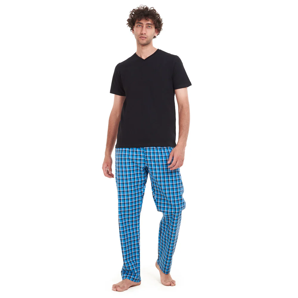Men summer pajama set Black T-shirt + Blue x Black Checkered pants - Image 2