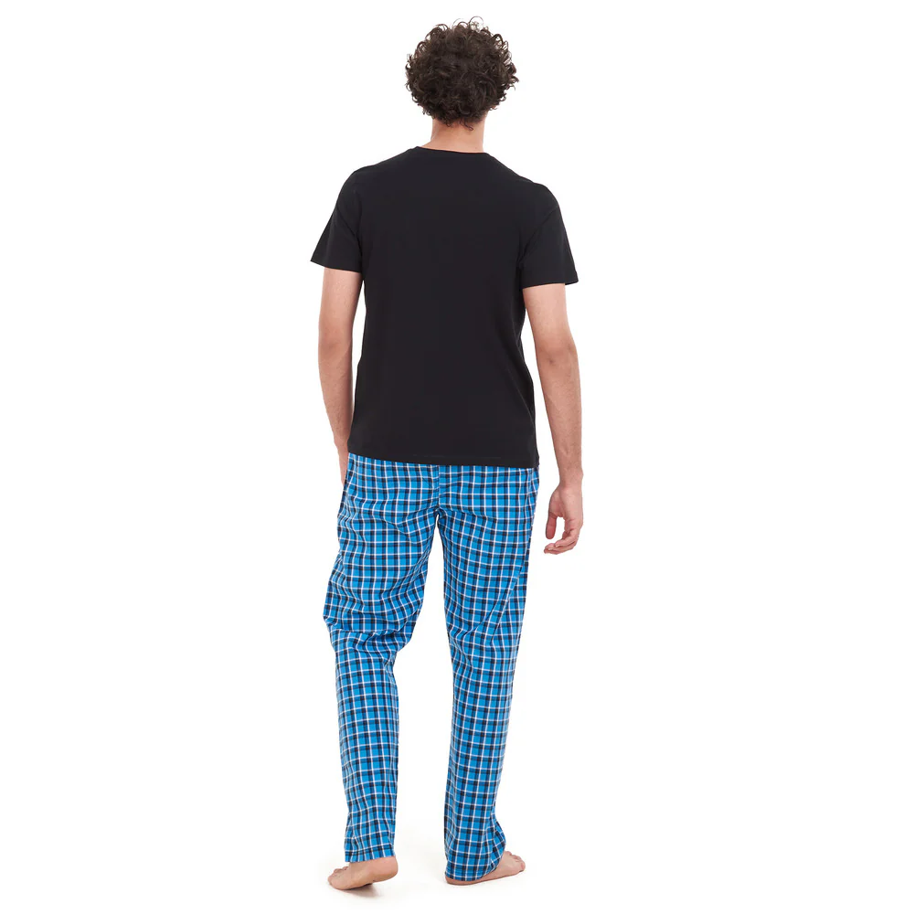Men summer pajama set Black T-shirt + Blue x Black Checkered pants - Image 3