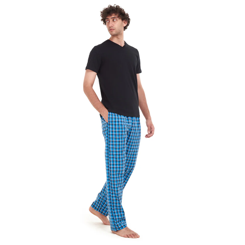 Men summer pajama set Black T-shirt + Blue x Black Checkered pants - Image 4
