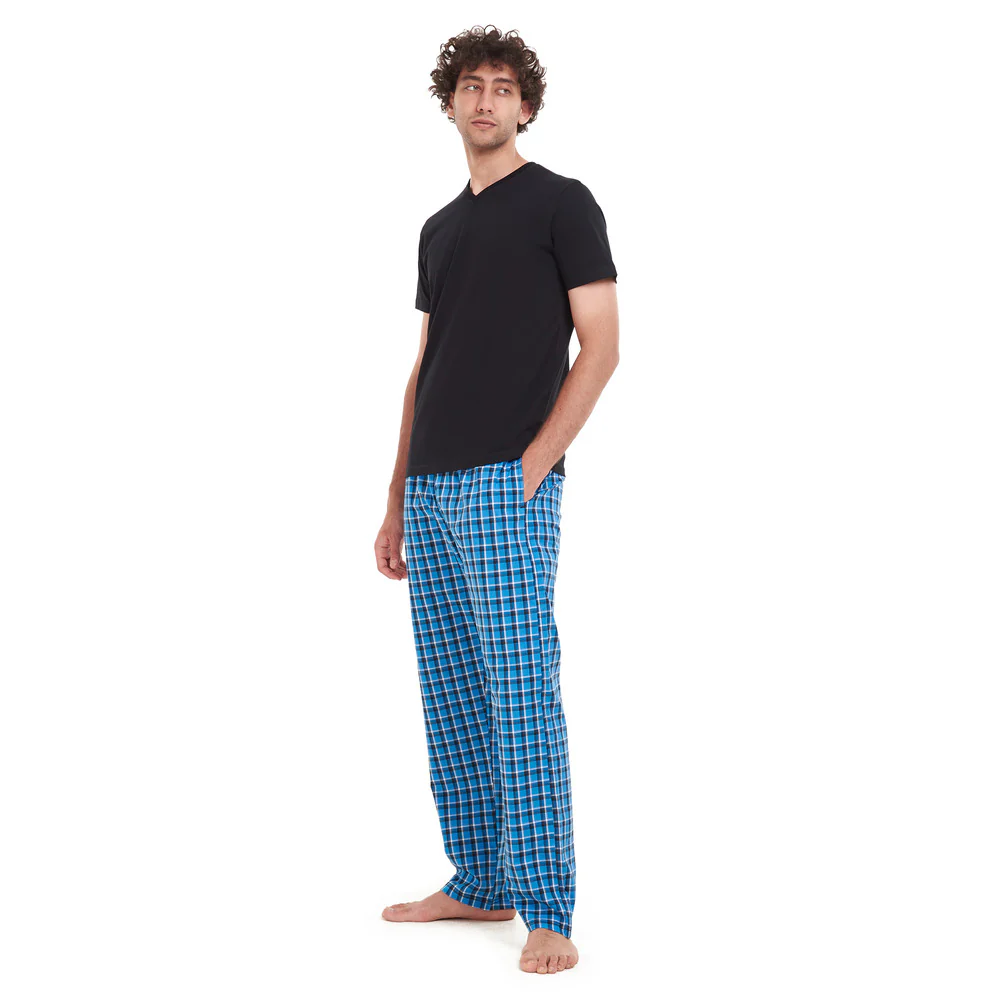 Men summer pajama set Black T-shirt + Blue x Black Checkered pants - Image 5