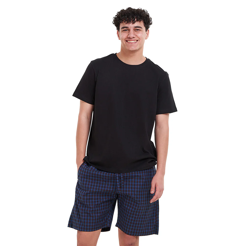 Men summer pajama set Black T-shirt + Blue x Black checkered shorts