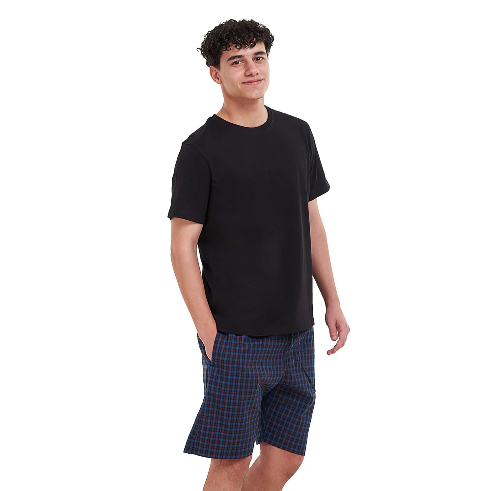 Men summer pajama set Black T-shirt + Blue x Black checkered shorts - Image 2