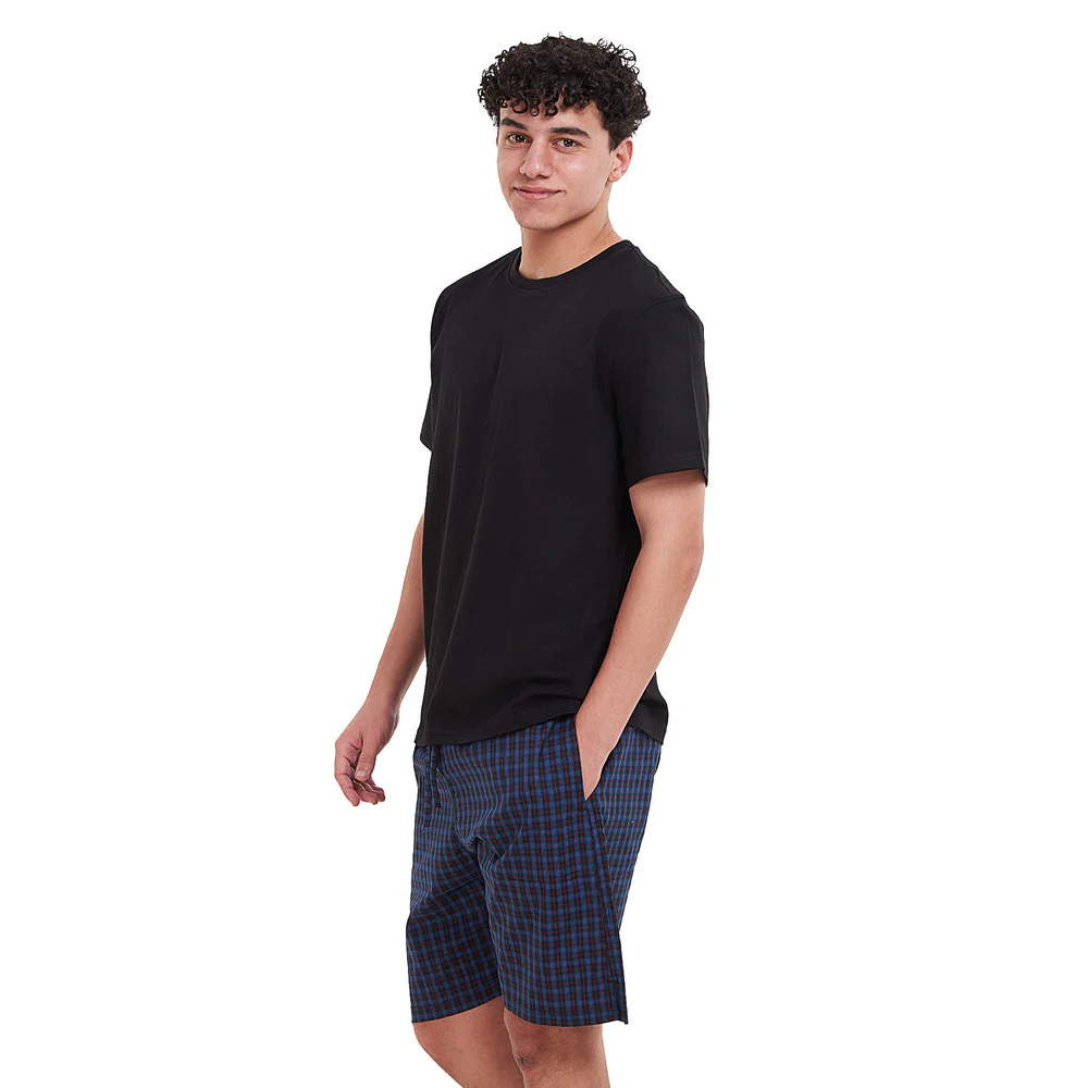 Men summer pajama set Black T-shirt + Blue x Black checkered shorts - Image 3