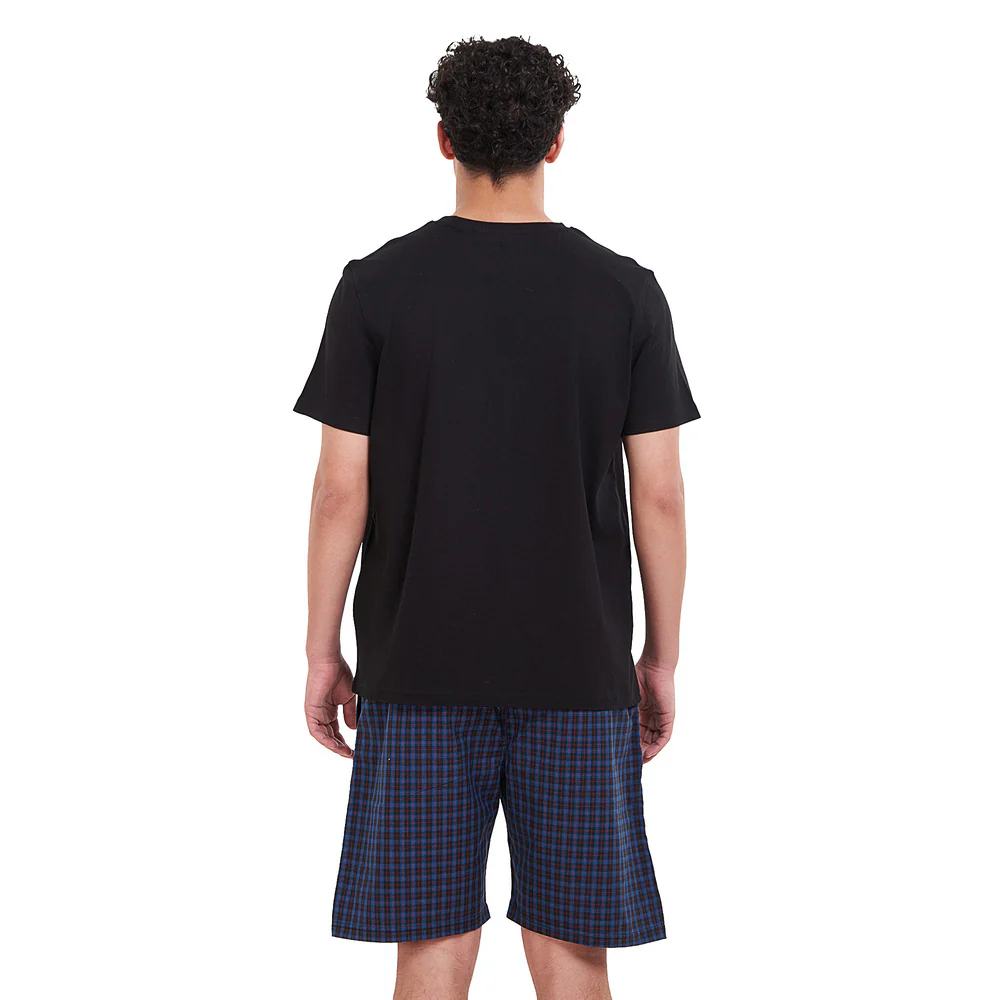 Men summer pajama set Black T-shirt + Blue x Black checkered shorts - Image 4
