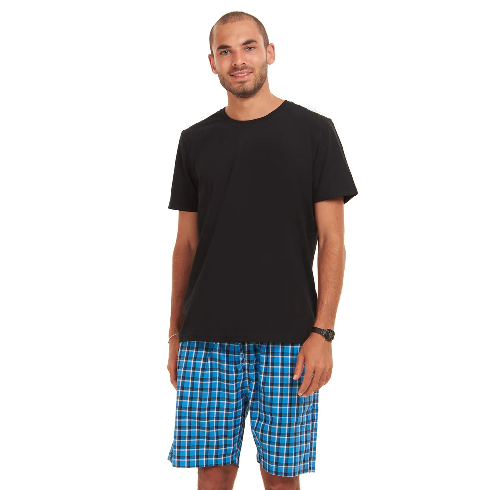 Men summer pajama set Black T-shirt + Blue x Black Checkered shorts - Image 2