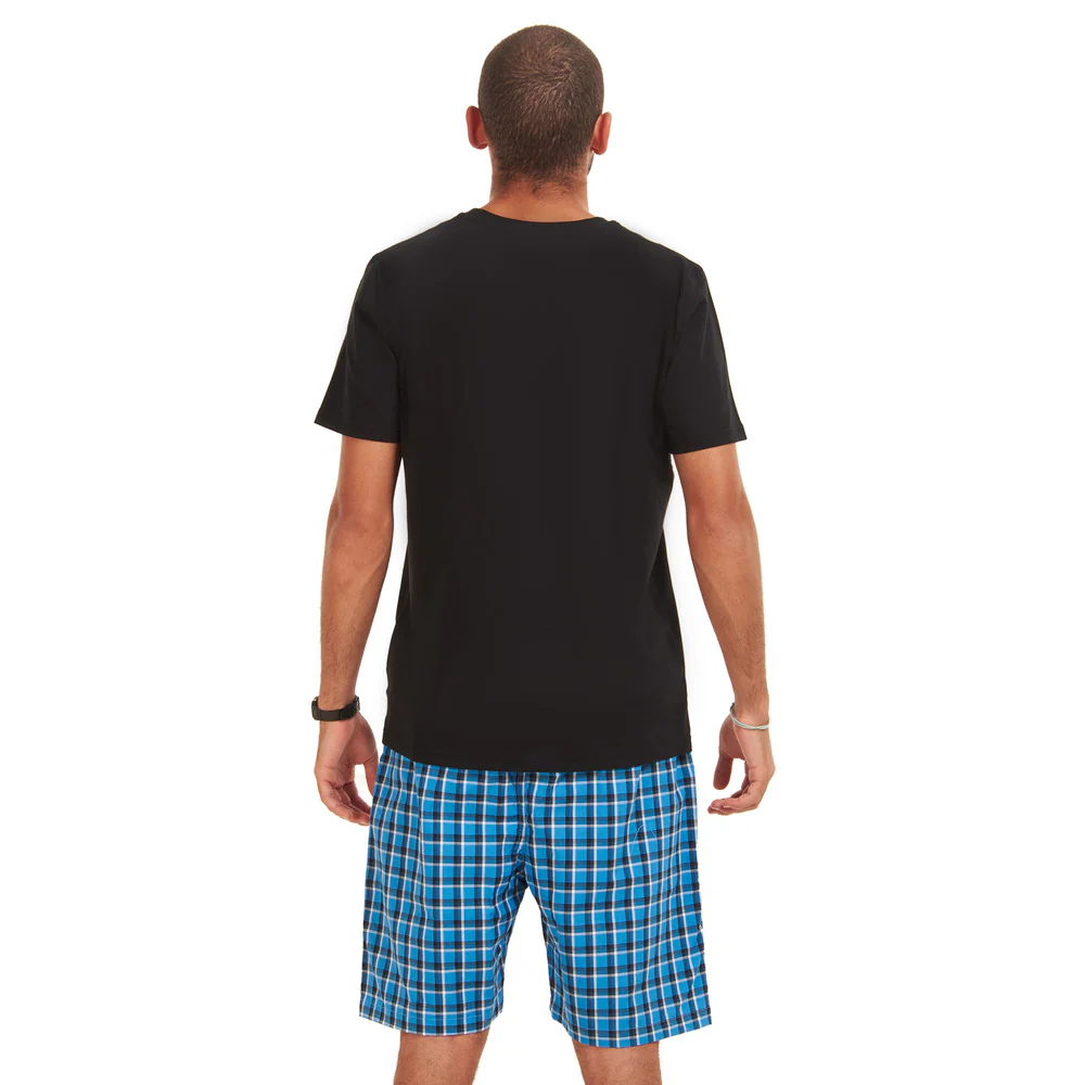 Men summer pajama set Black T-shirt + Blue x Black Checkered shorts - Image 3