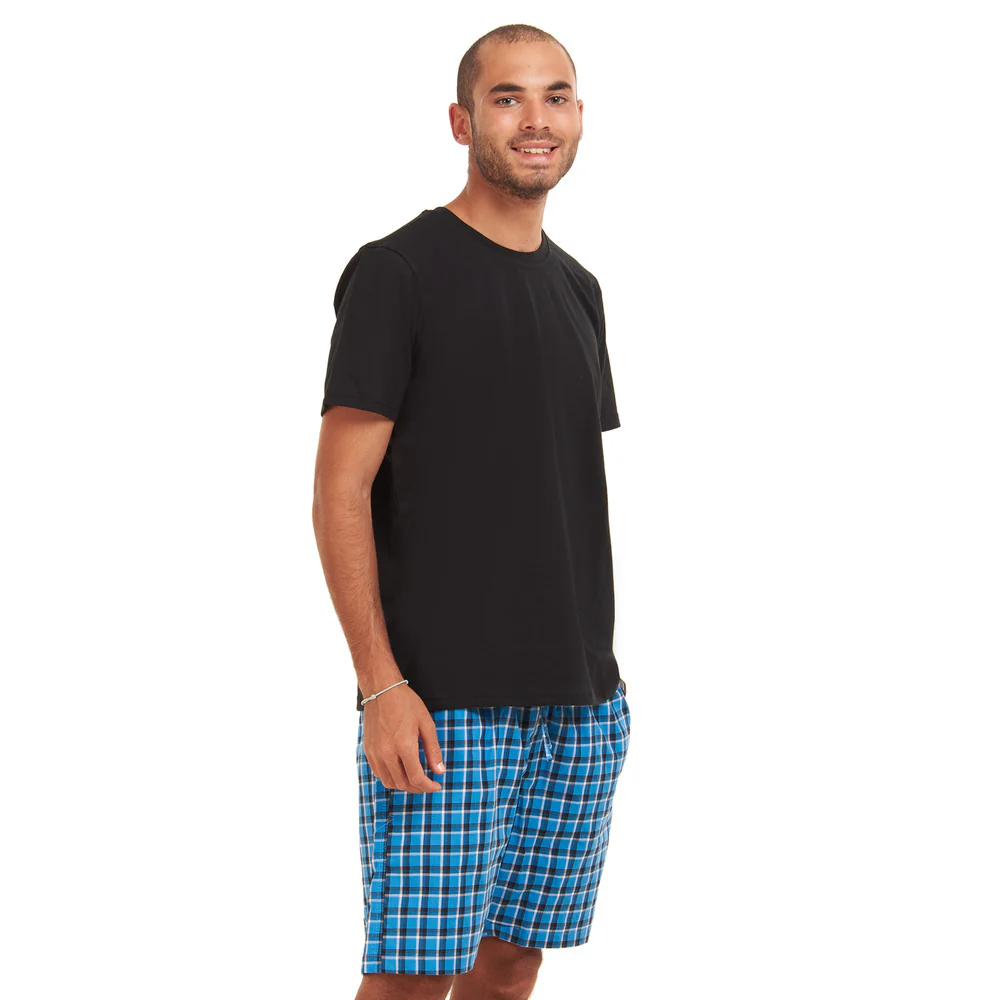 Men summer pajama set Black T-shirt + Blue x Black Checkered shorts - Image 4