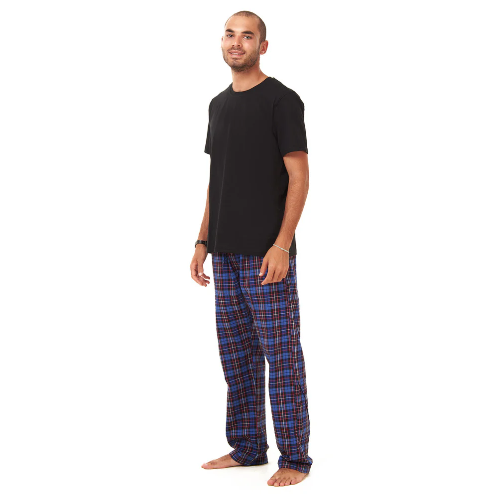 Men summer pajama set  Black T-shirt + Dark Blue Checkered Pants - Image 2