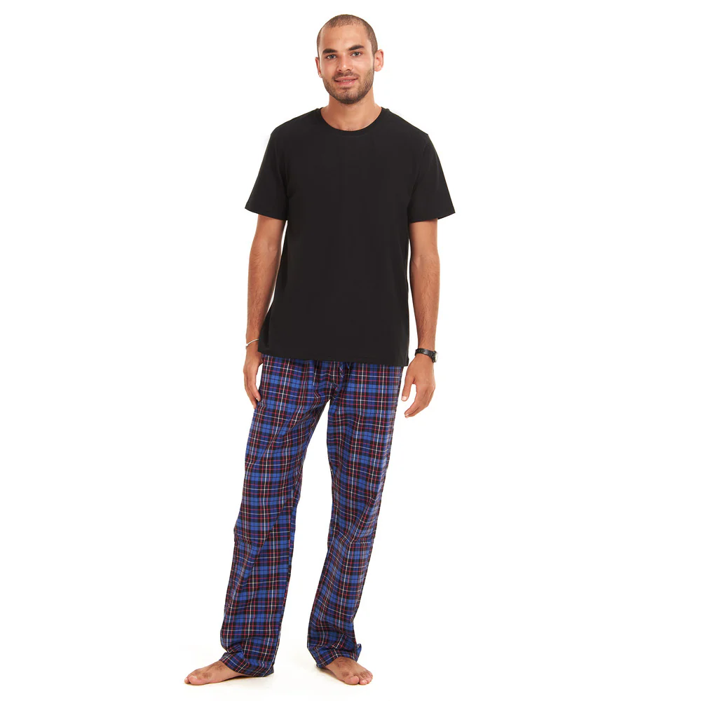 Men summer pajama set  Black T-shirt + Dark Blue Checkered Pants - Image 3