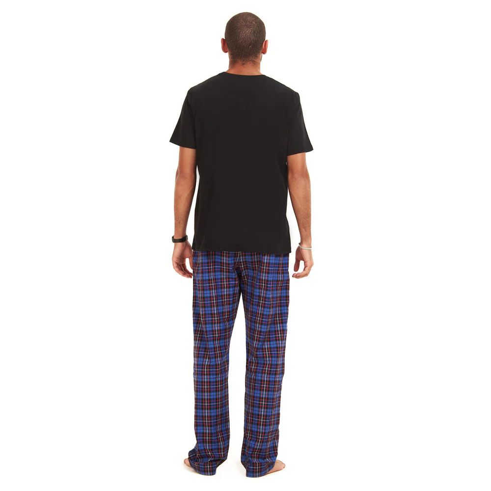 Men summer pajama set  Black T-shirt + Dark Blue Checkered Pants - Image 4