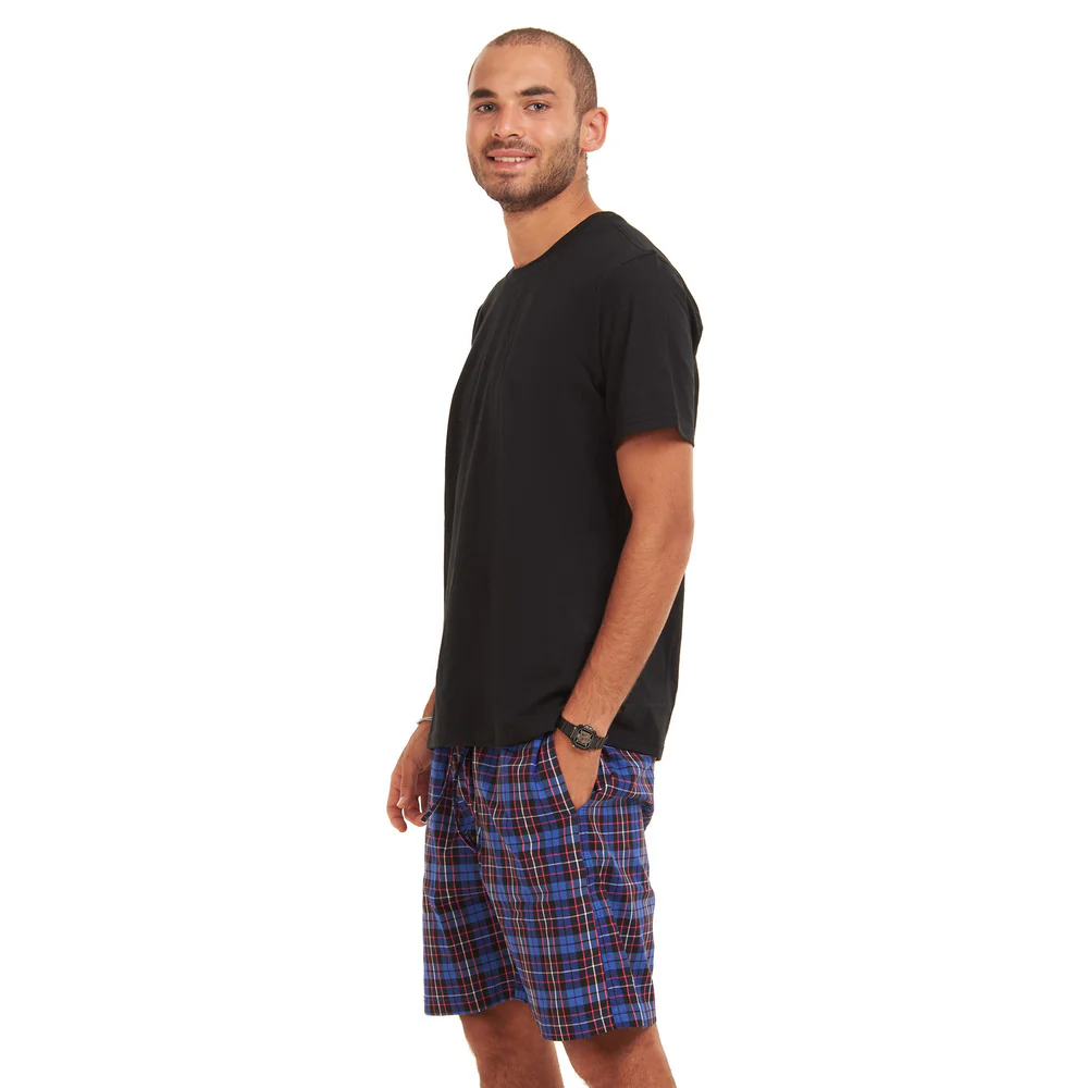 Men summer pajama set Black T-shirt + Dark Blue Checkered shorts - Image 2