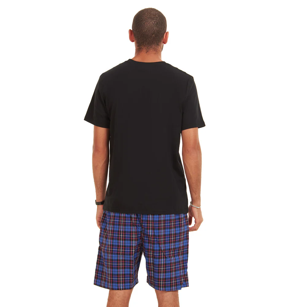 Men summer pajama set Black T-shirt + Dark Blue Checkered shorts - Image 3
