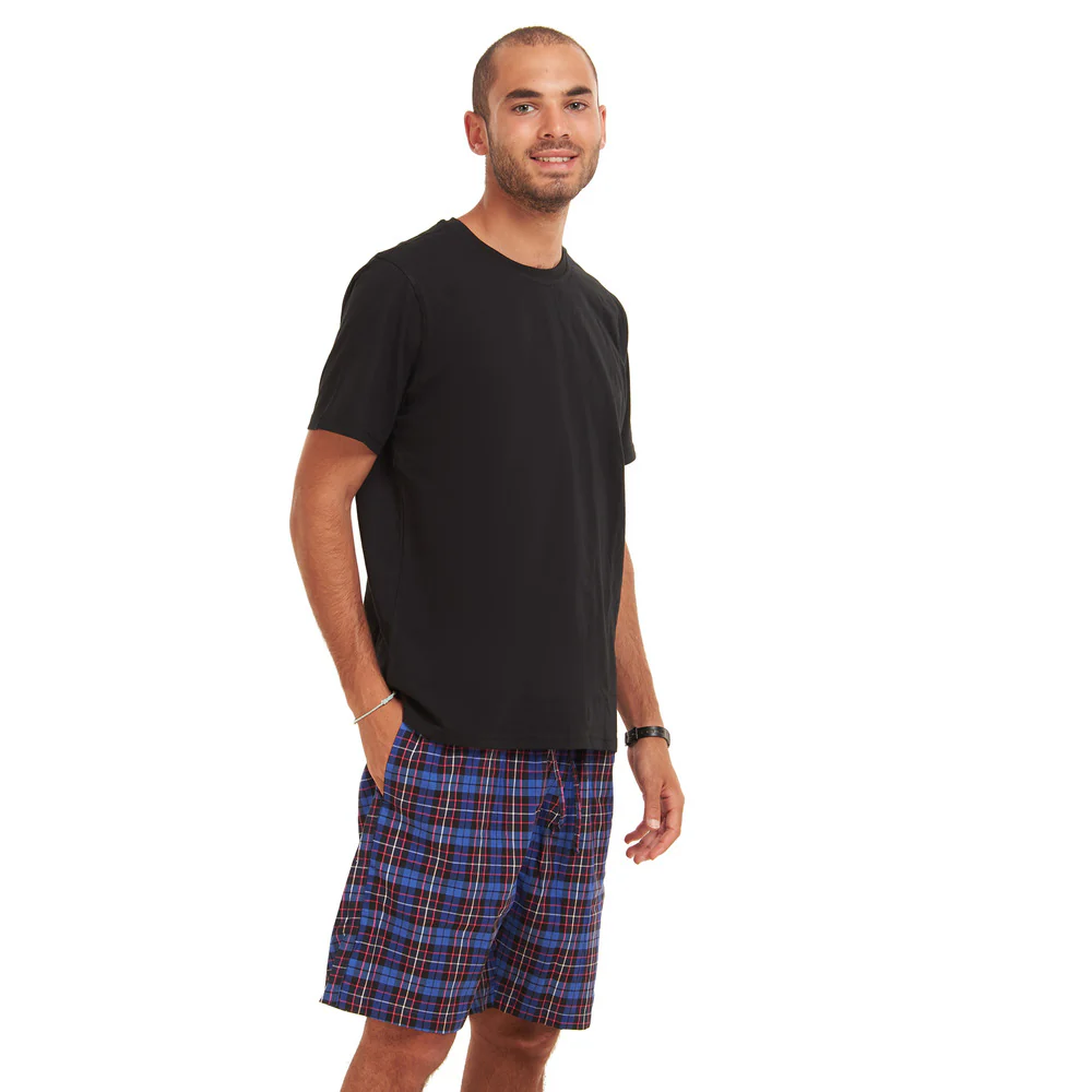 Men summer pajama set Black T-shirt + Dark Blue Checkered shorts - Image 4