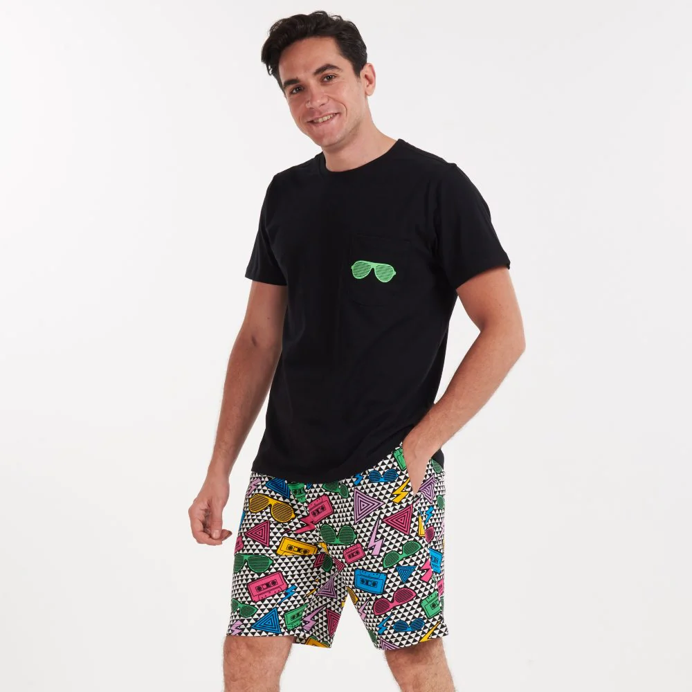 Men summer pajama set Black T-shirt + Retro shorts - Image 3
