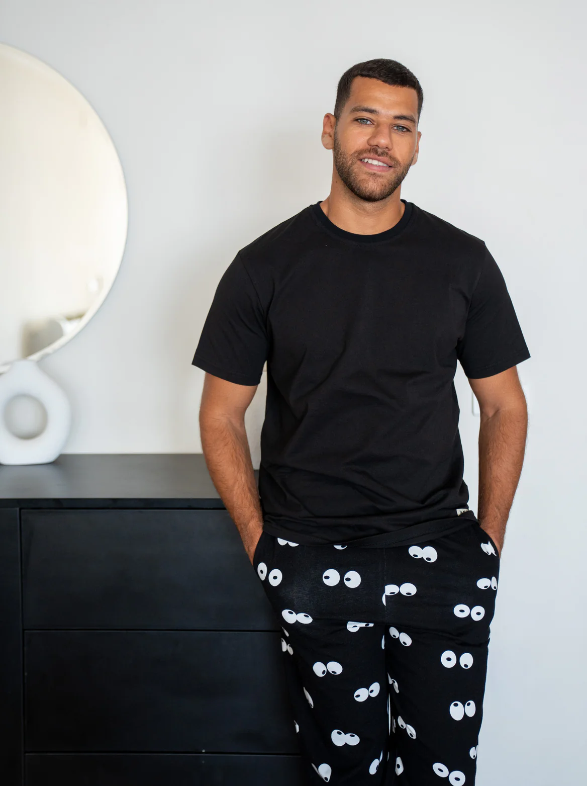 Men summer pajama set Black T-shirt + Eyes Pants - Image 2