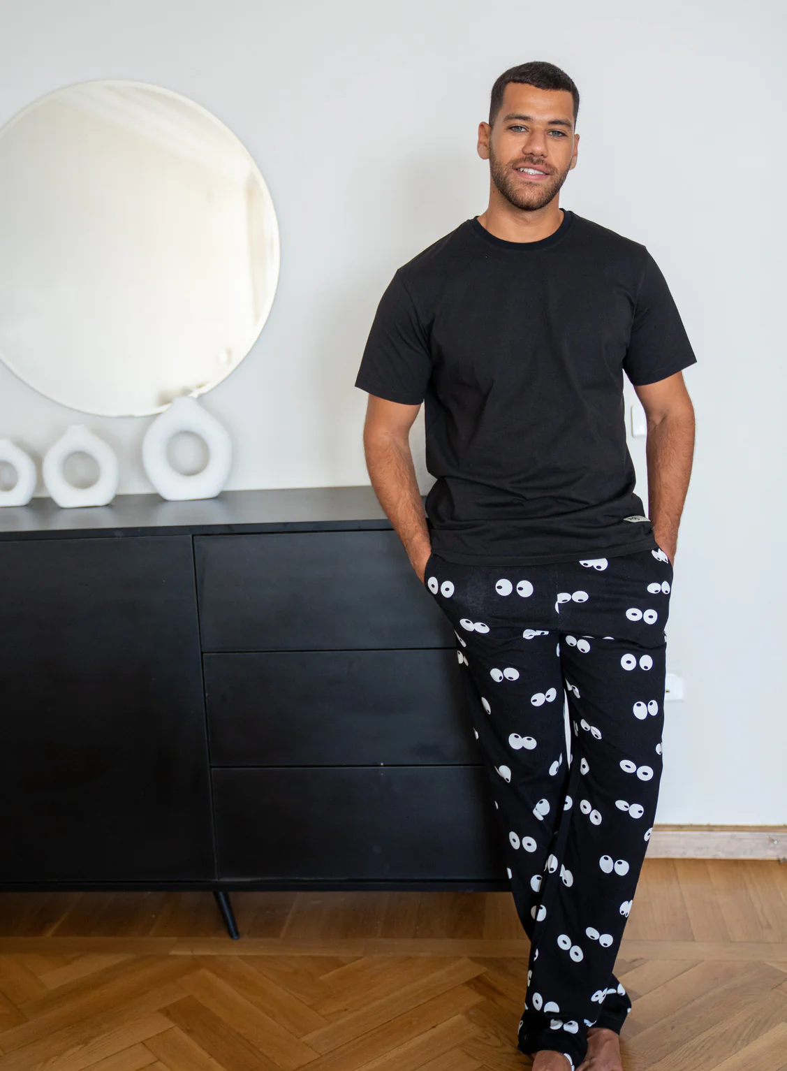 Men summer pajama set Black T-shirt + Eyes Pants - Image 3