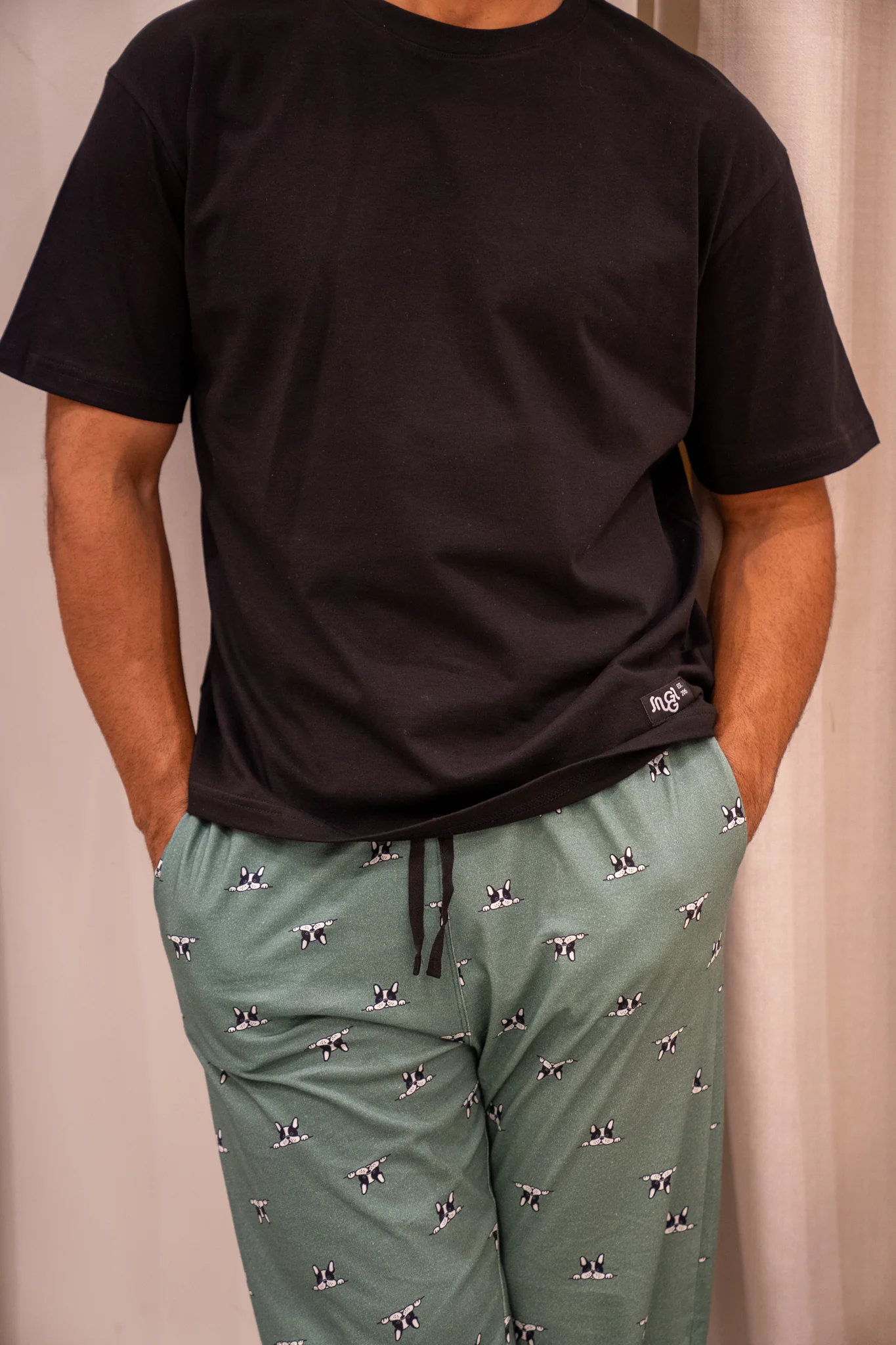 Men summer pajama set Black T-shirt + Green Dog Pants - Image 2