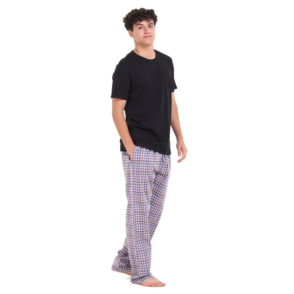 Men summer pajama set Black T-shirt + Black x Dark purple Checkered Pants - Image 2