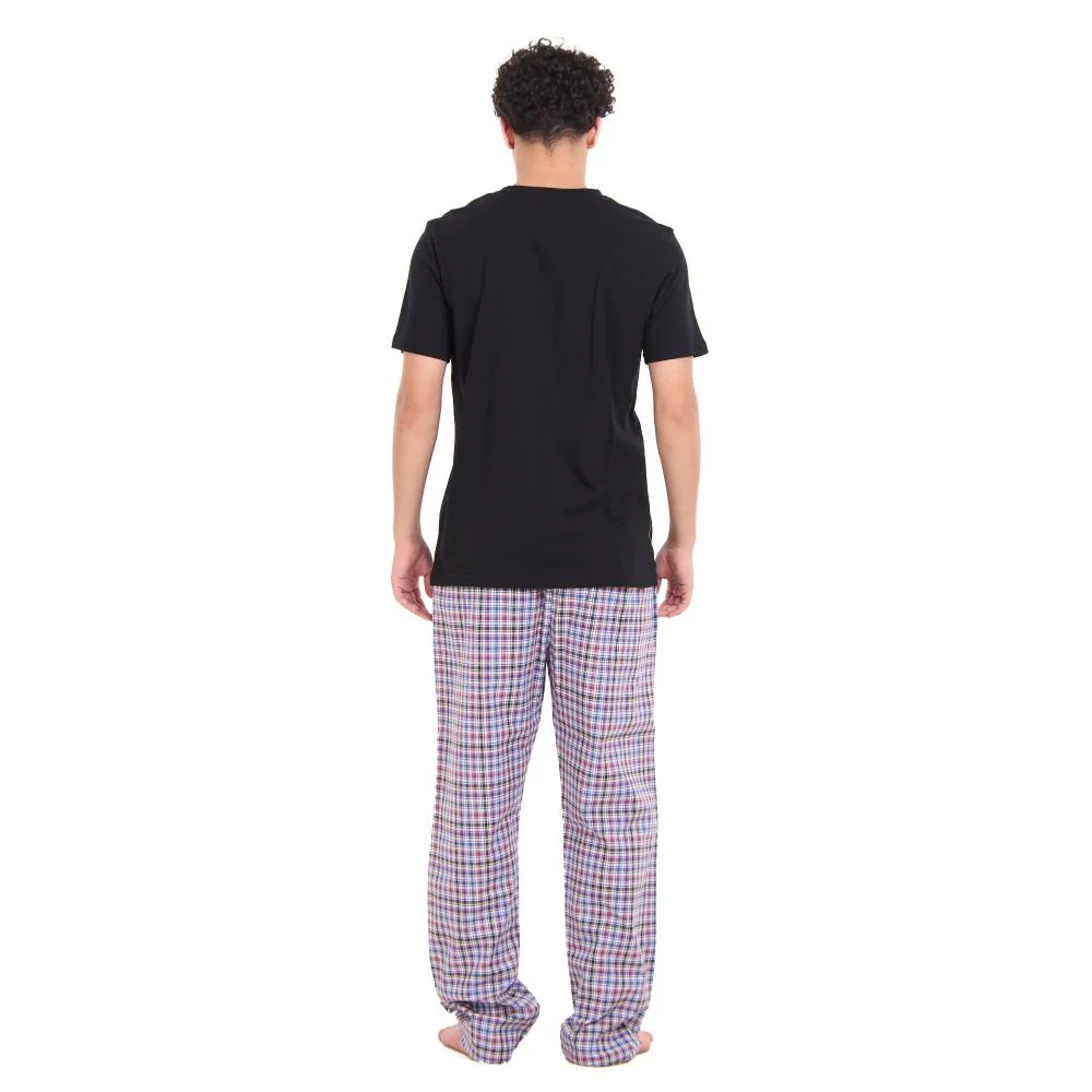 Men summer pajama set Black T-shirt + Black x Dark purple Checkered Pants - Image 3