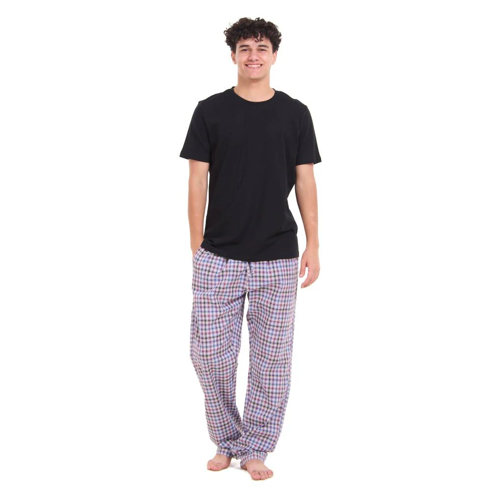 Men summer pajama set Black T-shirt + Black x Dark purple Checkered Pants - Image 4