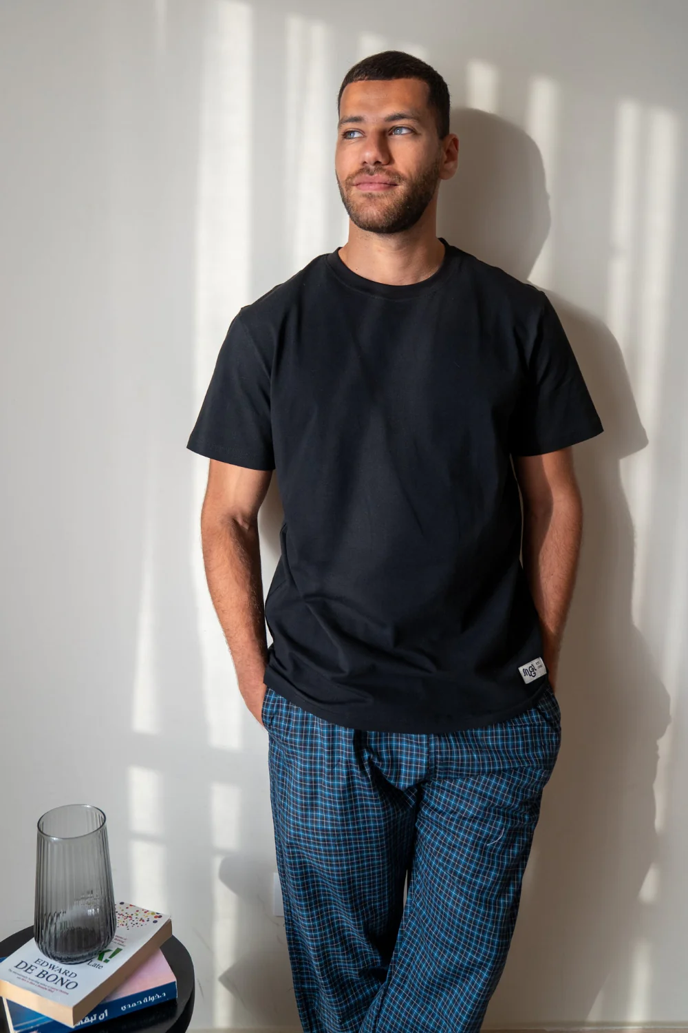 Men summer pajama set Black T-shirt + Midnight Blue X Black Checkered Pants - Image 2