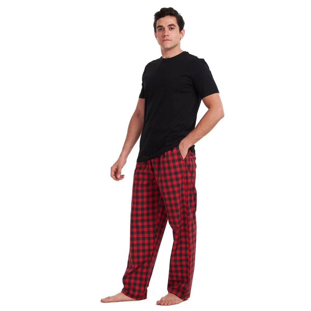 Men summer pajama set Black T-shirt +Red checkered pants - Image 2