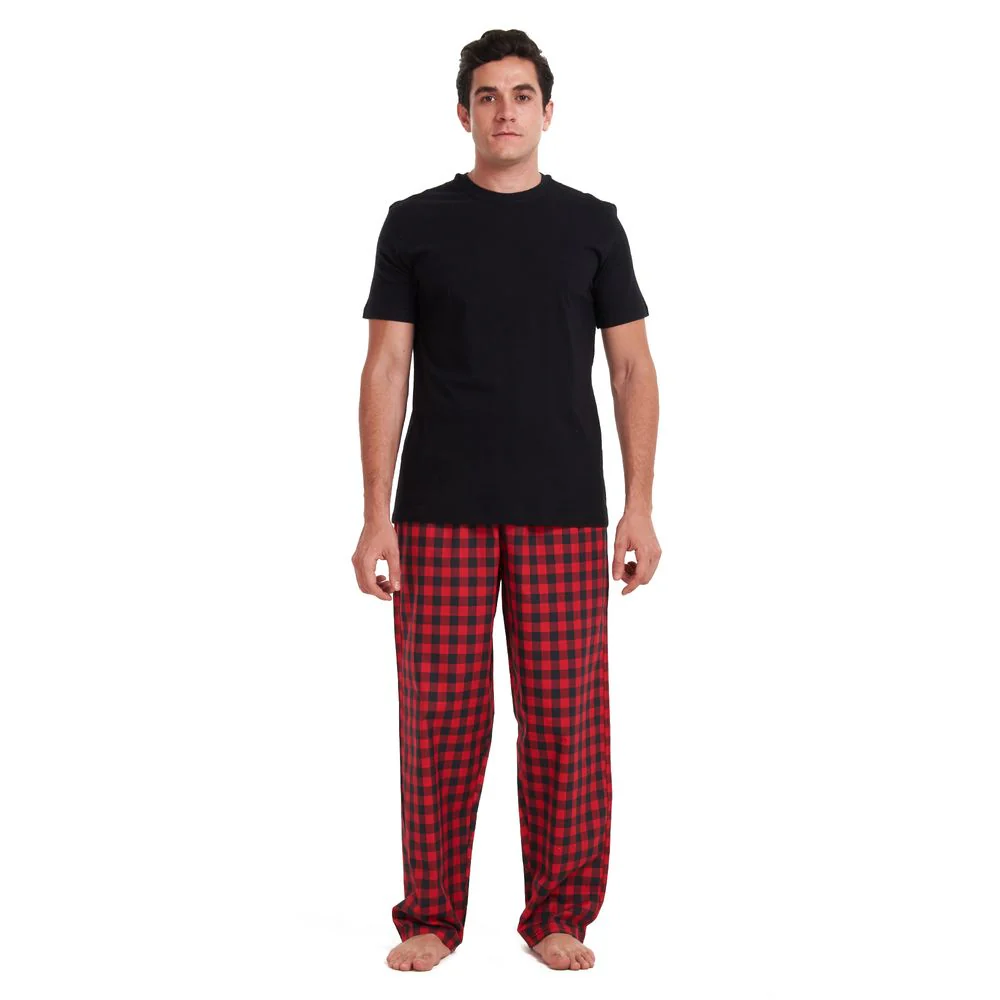 Men summer pajama set Black T-shirt +Red checkered pants - Image 3