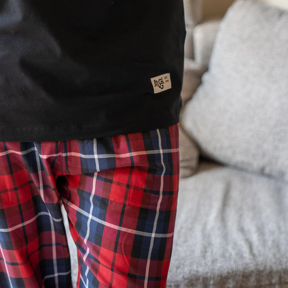Men summer pajama set Black T-shirt + Red X Black Checkered Pants - Image 2