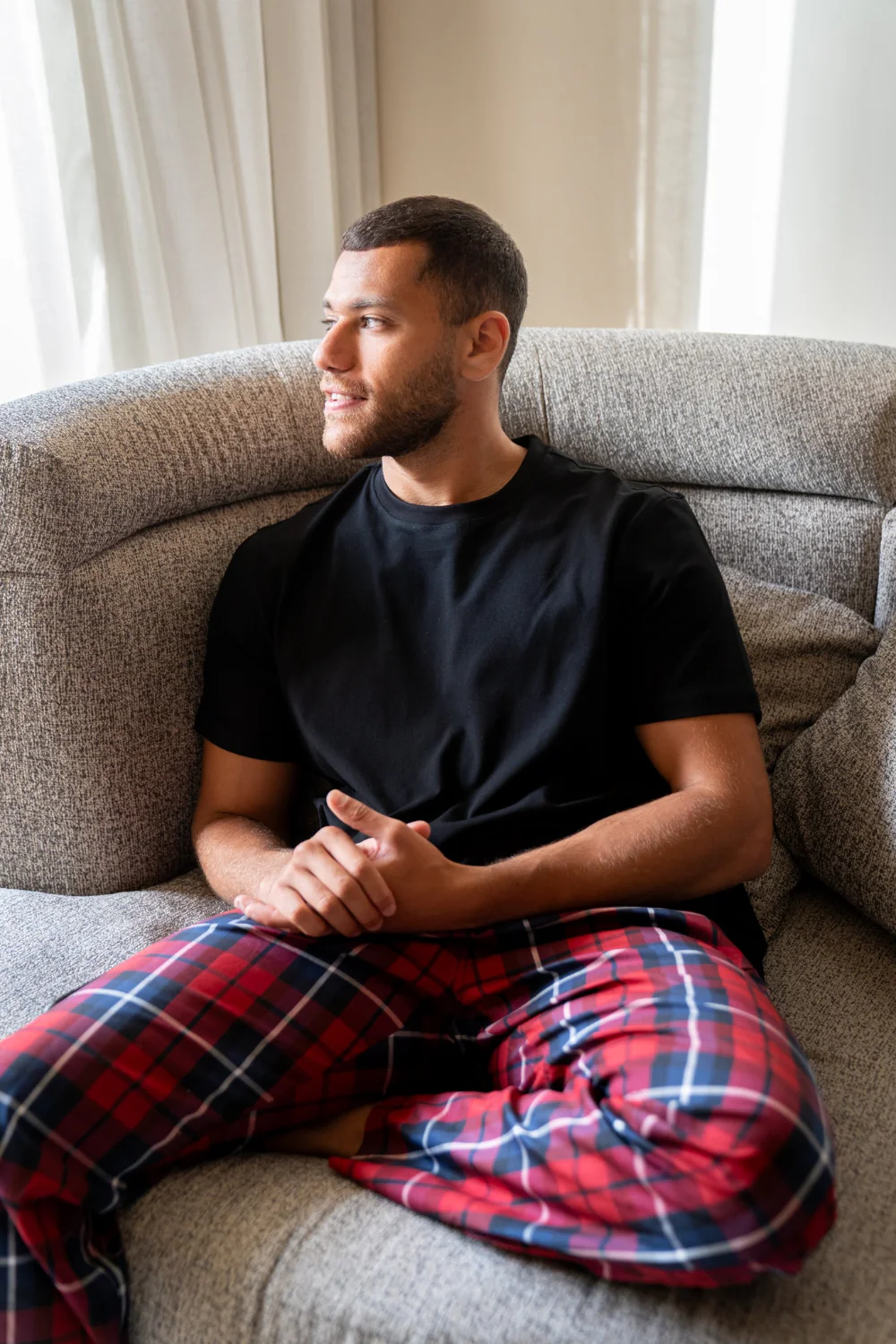 Men summer pajama set Black T-shirt + Red X Black Checkered Pants - Image 3