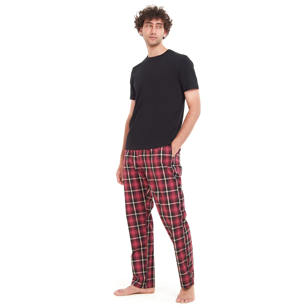 Men summer pajama set Black T-shirt + Red x Black Checkered pants - Image 2