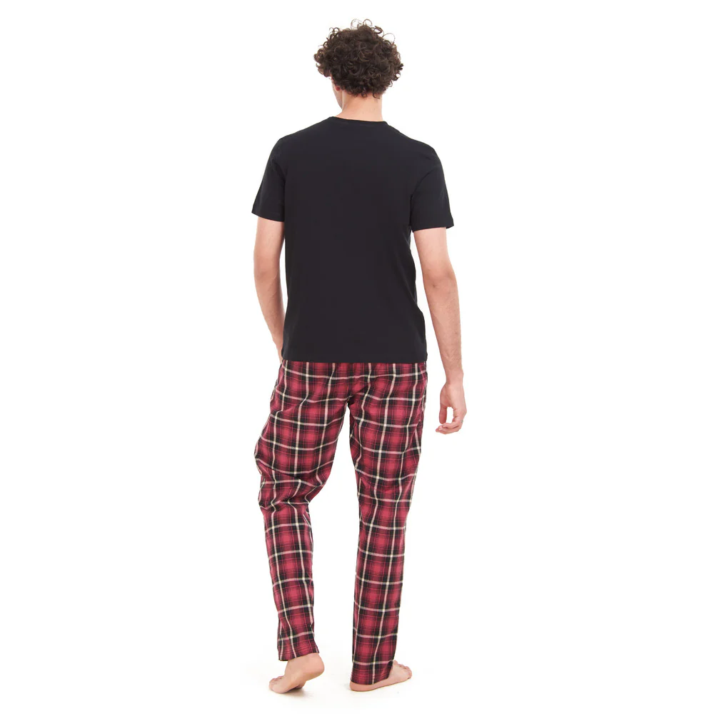 Men summer pajama set Black T-shirt + Red x Black Checkered pants - Image 3