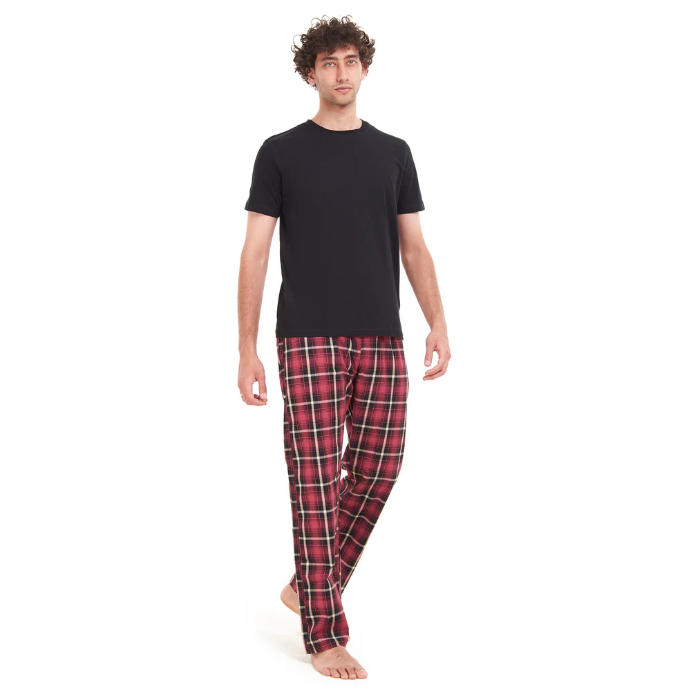 Men summer pajama set Black T-shirt + Red x Black Checkered pants - Image 4