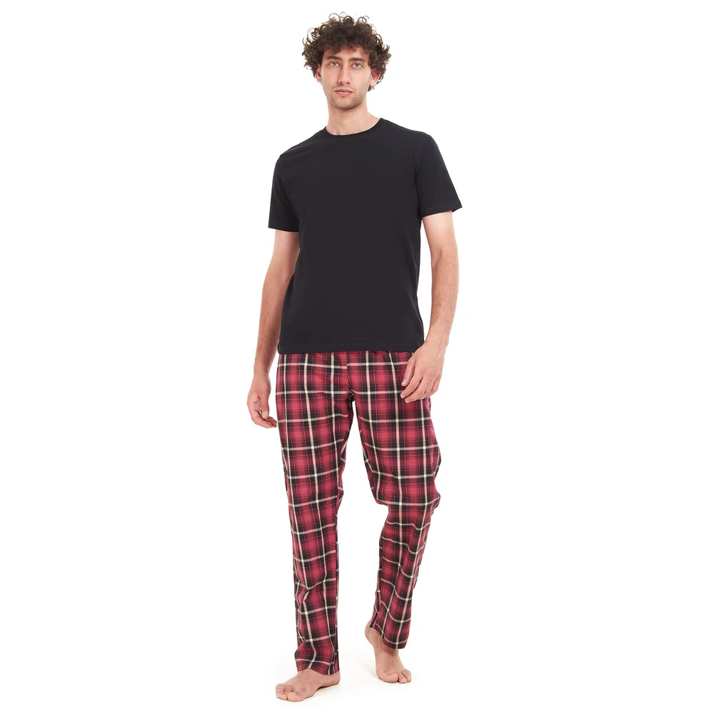 Men summer pajama set Black T-shirt + Red x Black Checkered pants - Image 5