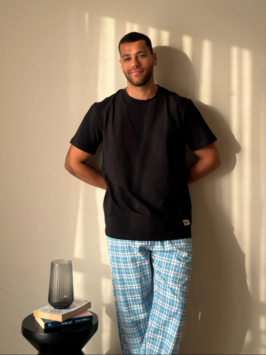 Men summer pajama set Black T-shirt + Sky Blue Plaid Pants - Image 2