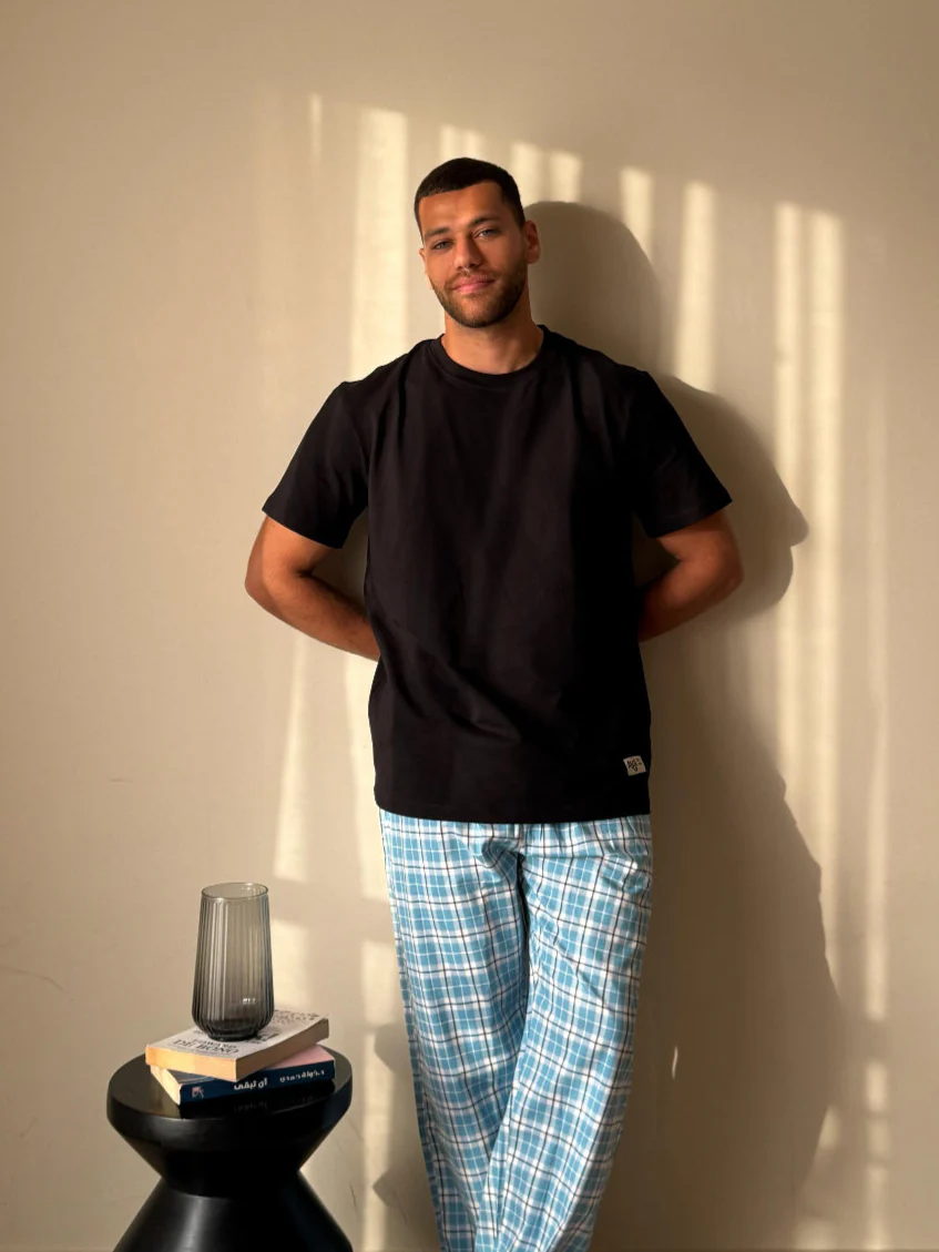 Men summer pajama set Black T-shirt + Sky Blue Plaid Pants - Image 3