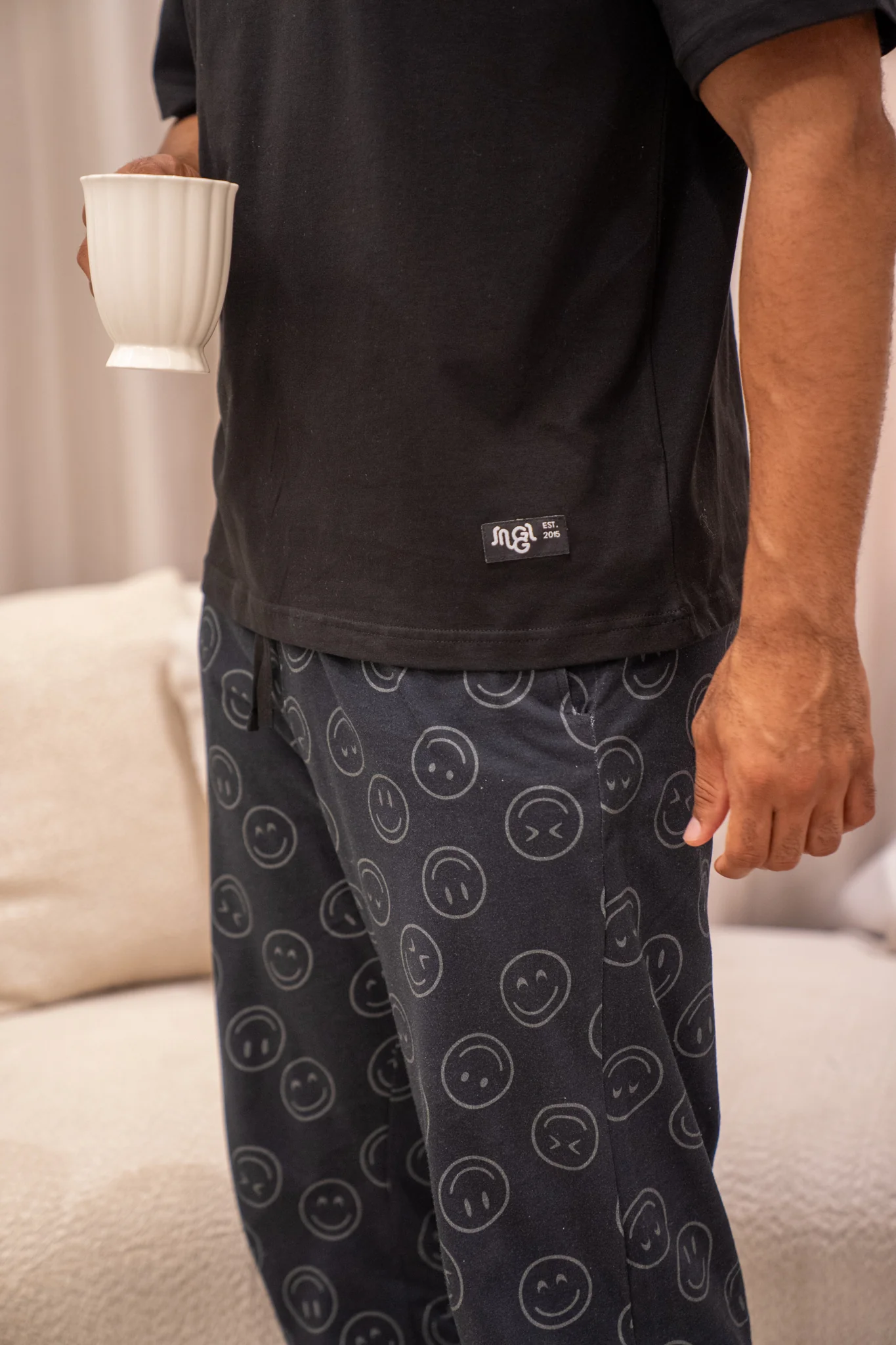 Men summer pajama set Black T-shirt + Smiley Face Pants - Image 2