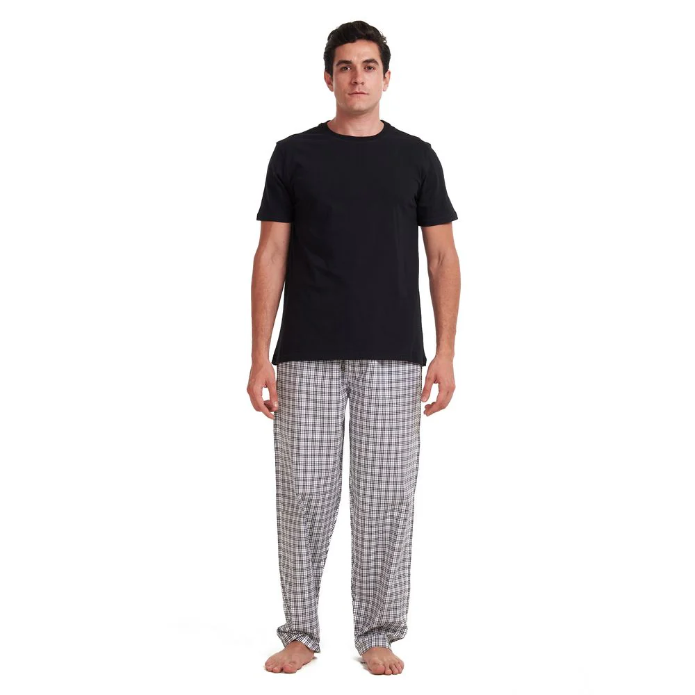 Men summer pajama set Black T-shirt + White x Black checkered pants - Image 2
